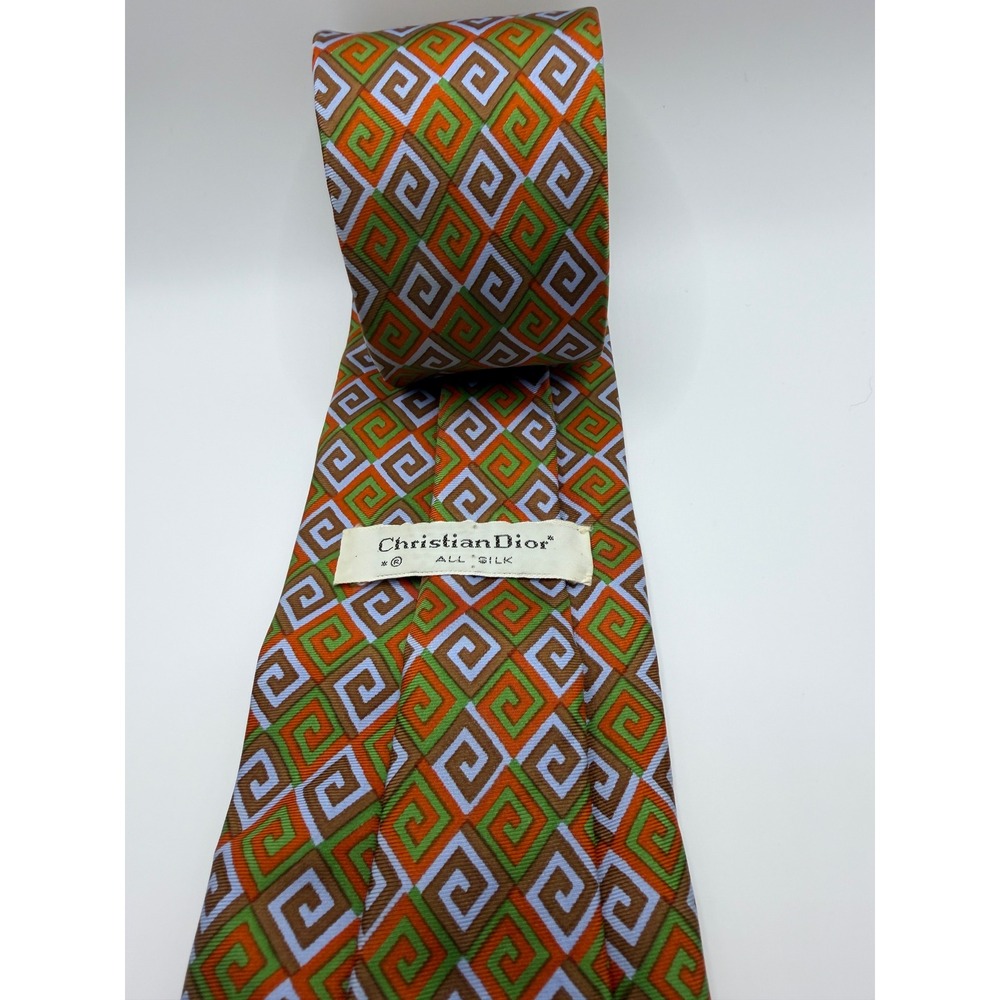 Christian Dior Mens Vintage Silk Tie Orange Green Geometric Greek Key 4 Inch